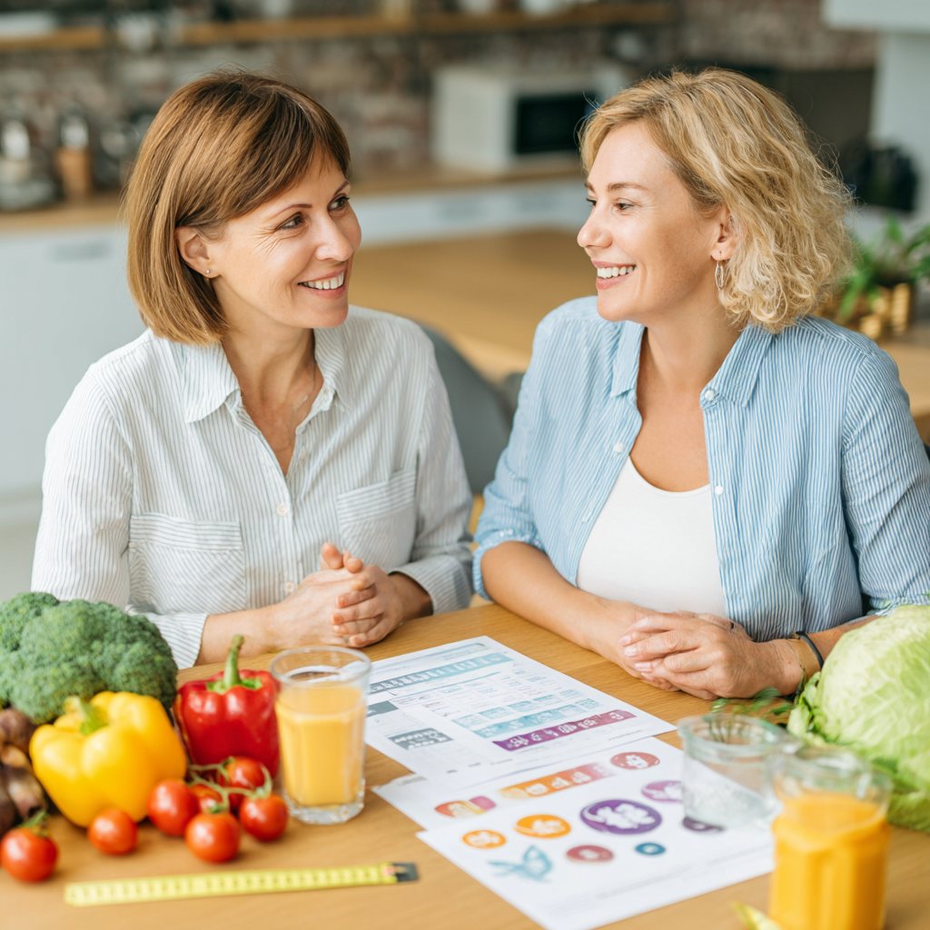 Smiling Ukrainian adults preparing healthy meals together in a modern kitchen, discussing nutrition planning with fresh vegetables and fruits on the table